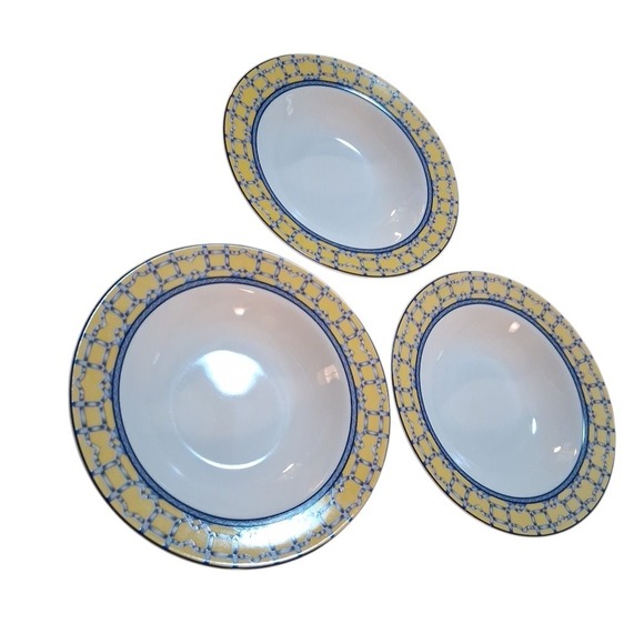 Coventry Palace Garden Fine Porcelain Blue Yellow Soup Salad Bowls Set of 3 - Picture 4 of 7